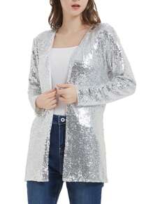 Women's Sequin Jacket Open Front Coat Blazer Party Cocktail Outerwear Cardigan - Silver - View 5