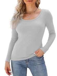 OUTBALL Womens Long Sleeve Scoop Neck Shirts Knit Tops Slim Fitted Tees Basic Casual Fall Outfits