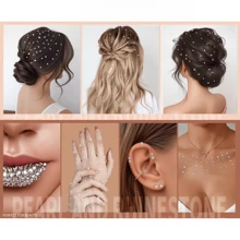 脸部宝石发珠脸部水钻用于化妆节面部珠宝发饰，4 件宝石化妆贴纸 + 钳子化妆自粘套装水钻和宝石适用于面部、头发、身体、美甲、眼睛 - 彩色 - 查看 11