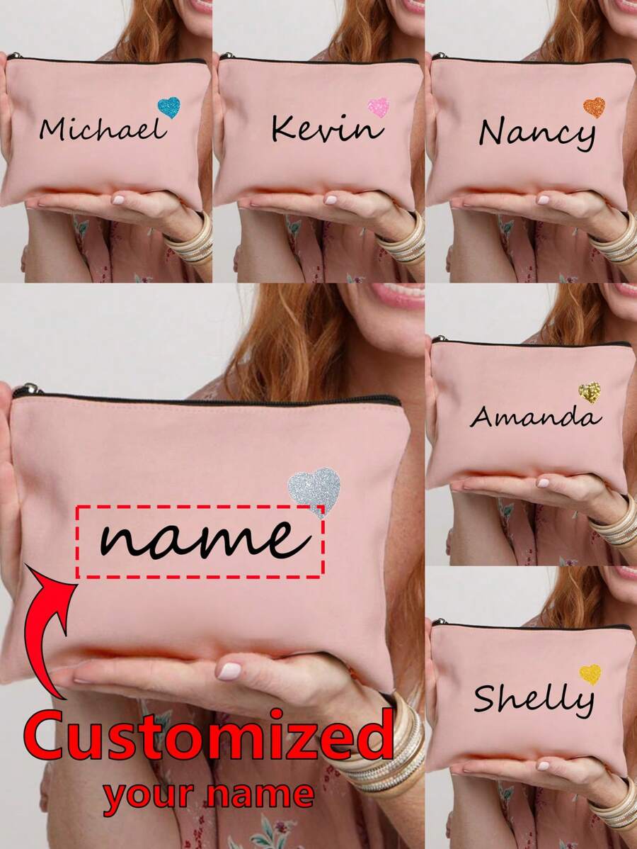 1个心形图案个性化化妆包，可机洗，女士便携式洗漱包，拉链旅行收纳盒，轻便可折叠化妆包，适合日常使用、生日、节日、返校、夏季、海滩、旅行、通勤、学生、野餐、露营、日常收纳