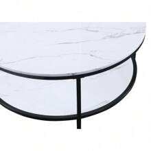 1pc Modern Round Faux Marble End Table With Storage Shelf Black Finish Living Room Wooden Furniture,Nestify