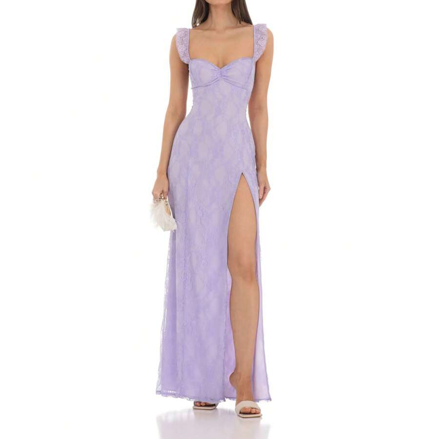 Women's Long Lace Dress Slim Sweetheart Neck Ruffled Sleeve Back Cross Tie-Up High Split Backless Cami Dress - 淡紫色 - 查看 1