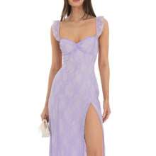 Women's Long Lace Dress Slim Sweetheart Neck Ruffled Sleeve Back Cross Tie-Up High Split Backless Cami Dress - 淡紫色 - 查看 4