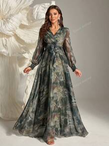 Women's Elegant V-Neck Mesh Lantern Sleeve Long Dress