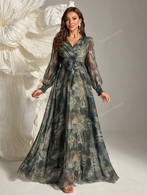 Women's Elegant V-Neck Mesh Lantern Sleeve Long Dress