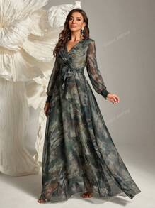 Women's Elegant V-Neck Mesh Lantern Sleeve Long Dress
