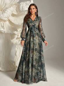 Women's Elegant V-Neck Mesh Lantern Sleeve Long Dress