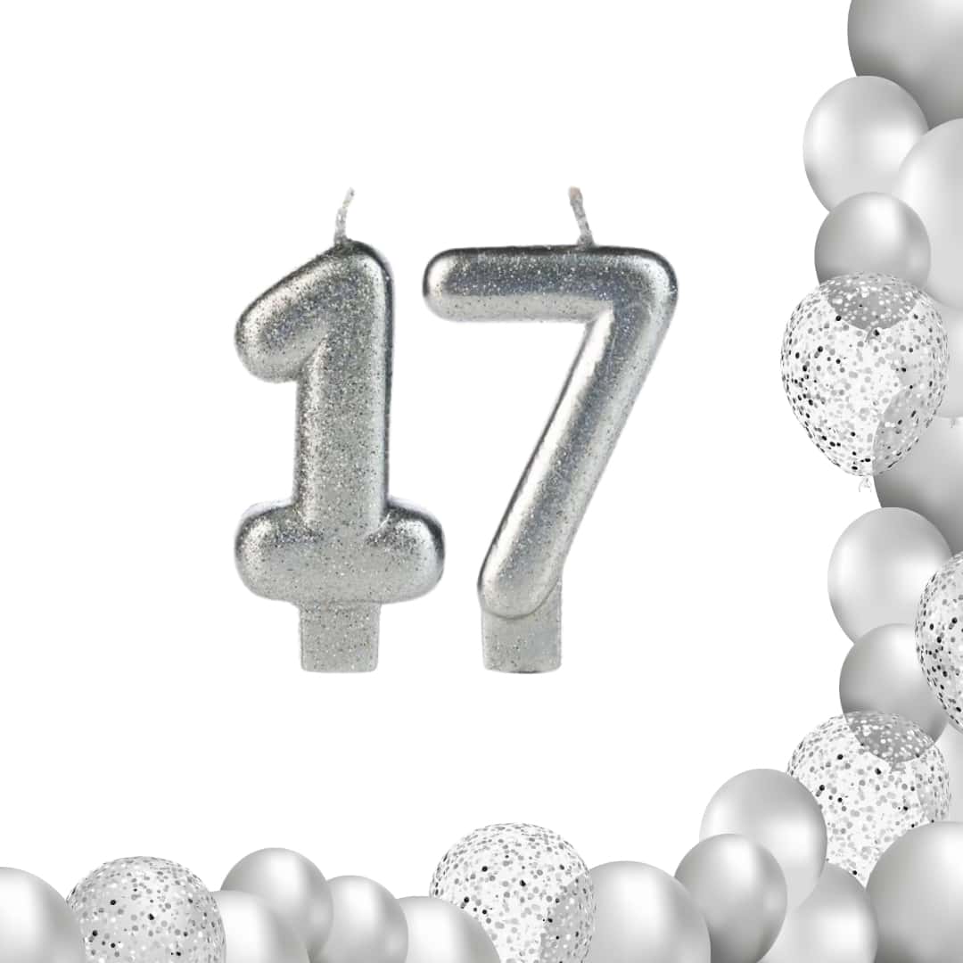 2 Number Birthday Candles Silver Glitter Shine - 17/71 years old - View 1