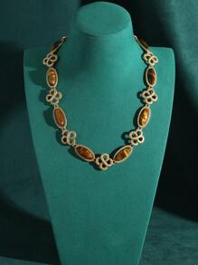 Vintage French Knot Tiger Eye Amber Color Natural Stone Necklace, Earrings Short Choker Necklace Set, Brass Plated 18K Gold Ear Hooks, Jewelry Accessories