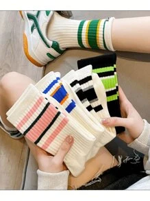 2 双条纹鲨鱼印花短袜，女士运动袜，黑色和白色，夏季中筒袜 - 彩色 - 查看 9