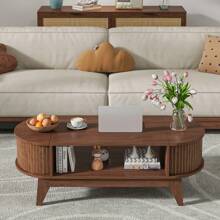 Coffee Table With Storage, Mid Century Modern Oval Fluted Wood Table With Flip Top, Space Saving For Living Room - 核桃 - 查看 6