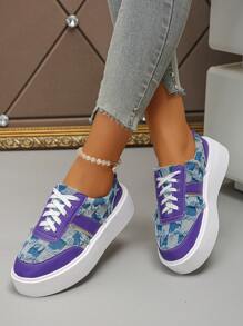 Women's Plaid Pattern Thick Sole Lace-Up Casual Sneakers, Fashion Low-Top Blue & Purple Sports Shoes For Daily Wear, Autumn New Style Student Shoes - Blue and Purple - View 4