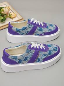 Women's Plaid Pattern Thick Sole Lace-Up Casual Sneakers, Fashion Low-Top Blue & Purple Sports Shoes For Daily Wear, Autumn New Style Student Shoes - Blue and Purple - View 6