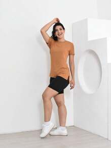 Fitness Set Mullet Blouse And Black Flannel Shorts (Not Transparent) - Lạc đà - Xem 1