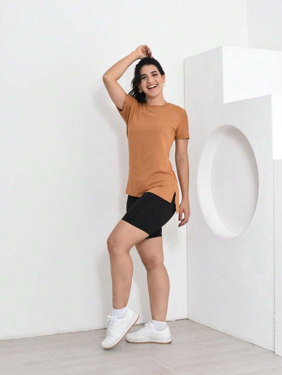 Fitness Set Mullet Blouse And Black Flannel Shorts (Not Transparent) - Lạc đà - Xem 1