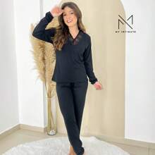 Women's Long Plain Suede Pajamas With V-Neck Lace 680 - 黑色 - 查看 3