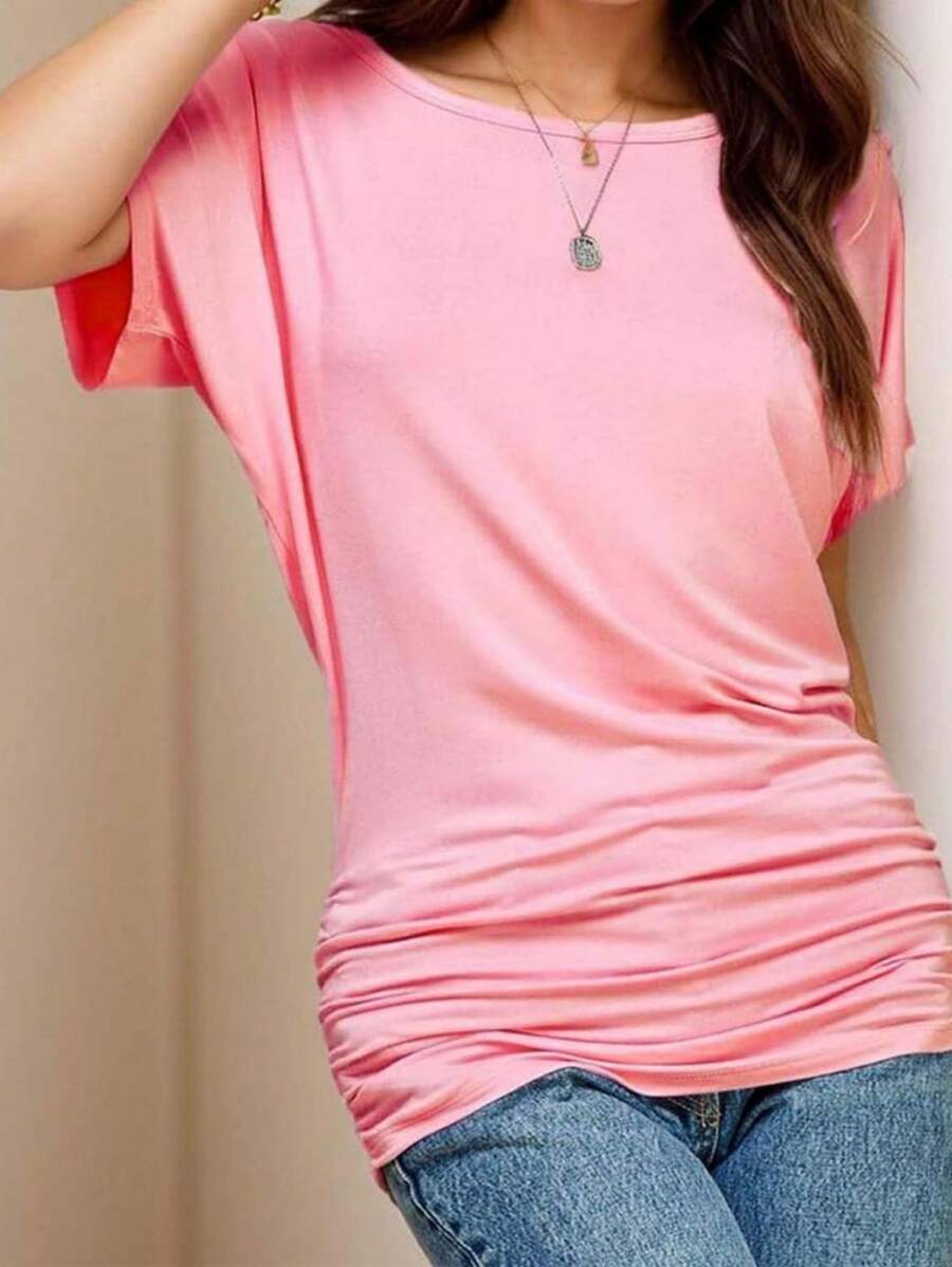OUTBALL Womens Casual T Shirts Dolman Short Sleeve Shirts Boat Neck Ruched Tops Summer Lightweight Clothes - 粉色 - 查看 1