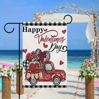 1 pieza Bandera de jardín para el Día de San Valentín, bandera para el hogar con camión del amor para fiestas, aniversarios, bodas, adecuado para decorar porches y exteriores