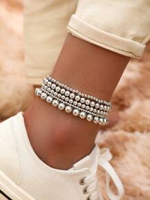 5 件/套简约 CCB 串珠弹性脚链，多功能脚链套装 - 銀色 - 查看 1