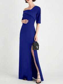 女士不对称不对称领口短袖开叉优雅派对礼服，合身设计适合所有季节 - 寶藍色 - 查看 3