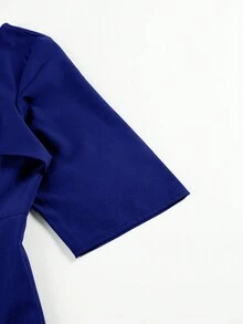 女士不对称不对称领口短袖开叉优雅派对礼服，合身设计适合所有季节 - 寶藍色 - 查看 4