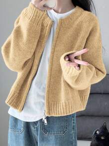 Áo khoác len cardigan dệt kim National Style Warm Outerwear hai chiều khóa kéo cho nữ, mùa thu/đông - Lạc đà - Xem 4