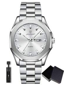 POEDAGAR 1件装休闲男士不锈钢石英腕表，双日期显示，商务男士防水夜光腕表，时尚男士腕表，适合日常佩戴，男士礼物 - 均碼 - 查看 16