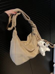 大容量休闲绒面毛绒装饰手提包，拼布色块单肩斜挎包，优雅百搭通勤手提包，适合女士 - 卡其色 - 查看 6