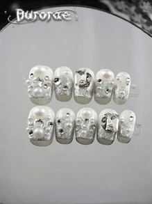 10 件装金属银色短杏仁形水钻装饰指甲贴纸，手工制作，适合日常、派对和聚会 - 彩色 - 查看 14