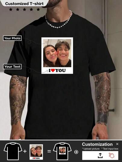 A Custom Men's T-Shirt, Sporty, Breathable, Christmas, Custom Picture (Girlfriend, Boyfriend, Couple Photo) Exclusive Text (Date) To Design Your Own Personalized Printed T-Shirt., Gym Boy