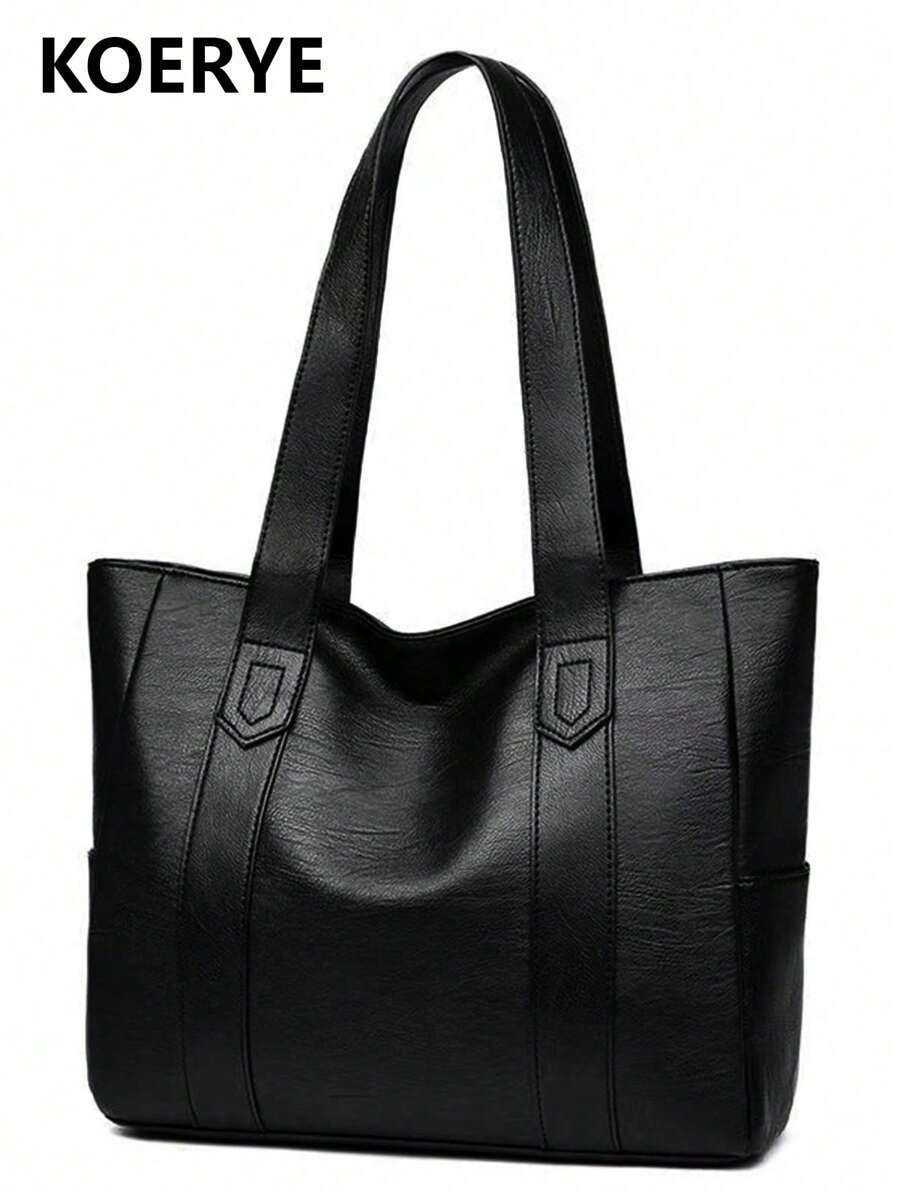 1 pieza Bolso tote de piel de PU de unicolor de alta calidad y de moda, adecuado para ir al trabajo, para la rutina diaria, con asa de mano o correa para el hombro - Negro - Ver 1