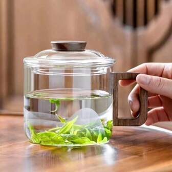 1pc Wood Handle Tea Pot With Infuser, High Borosilicate Heat-Resistant Glass Tea Pot