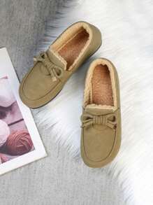 Women's Bow Decor Round Toe Flat Shoes, Thermal Lined Warm And Soft Bottom Slip-On, Outdoor Casual Snow Sports Shoes For Autumn/Winter - Green - View 5