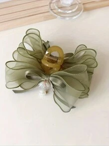 1 件优雅绿色百合花和流苏蝴蝶结发爪夹，大号防滑夹，适合浓密的头发 - 女士和女孩的时尚配饰 - 多色 - 查看 3