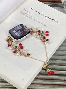 1pc Red Cherry Pearl Beaded Gold Decor Bracelet Band, Suitable For Apple Watch Ultra/SE/10/9/8/7/5/4/3/2/1 Series, And Ultra2/Ultra/SE/38/41/42/44/45/46/49mm, Fashionable Bracelet Accessory For Women. Best Gift For Girlfriend And Friends, Comfortable Wear, Fits Wrist Closely, Only Includes Band, Watch And Case Not Included. - Red - View 3