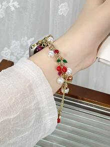 1pc Red Cherry Pearl Beaded Gold Decor Bracelet Band, Suitable For Apple Watch Ultra/SE/10/9/8/7/5/4/3/2/1 Series, And Ultra2/Ultra/SE/38/41/42/44/45/46/49mm, Fashionable Bracelet Accessory For Women. Best Gift For Girlfriend And Friends, Comfortable Wear, Fits Wrist Closely, Only Includes Band, Watch And Case Not Included. - Red - View 7
