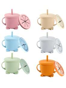 1pc Silicone Cup With 1pc Snack Lid, Infant Baby Training Cup, Anti-Spill Milk/Water Cup With Handles & Straw, Children Beverage Cup