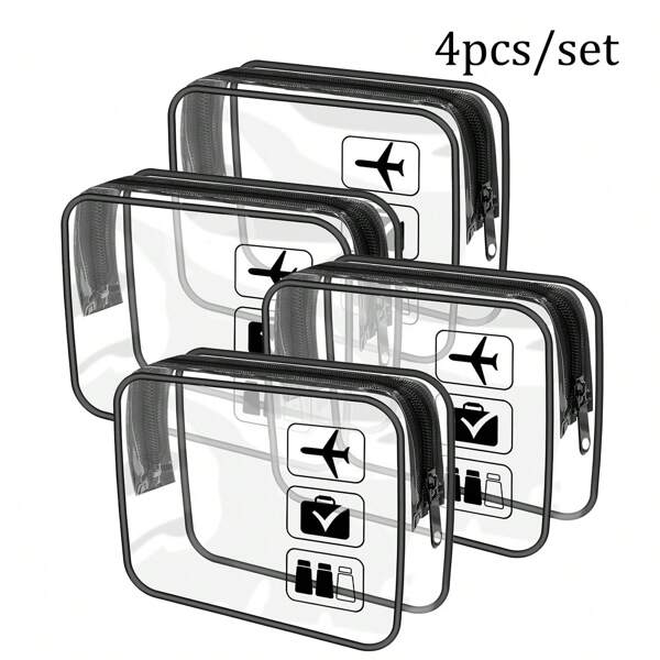 4pcs Black Fashionable And Simple Toiletry Bags For Men And Women, Waterproof Clear Cosmetic Pouches In Quart Size For Travel, Suitable For Both Genders, Can Be Carried Onboard Airplanes And Given ,Holiday Essentials,Summer Beach Bag For Woman,Travel Essentials Back To School Supplies