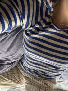 Women's Rib Knitted Striped T-Shirts Contrast Color Slim Fit Long Sleeve Round Neck Casual Tee Tops - Blue - View 6
