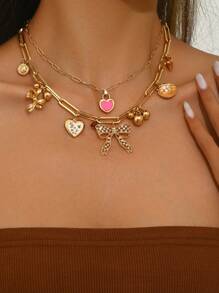 1pc Unique Fashion 18K Gold Plated Metal Fully Rhinestone Bowknot Heart Floral Pendant Necklace For Women, Can Be Purchased As 1pc Or 2pcs Set With Multiple Pendants, Suitable For Party, Wedding, Holiday Occasions And As A Gift