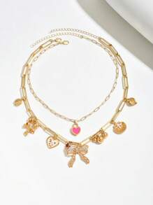 1pc Unique Fashion 18K Gold Plated Metal Fully Rhinestone Bowknot Heart Floral Pendant Necklace For Women, Can Be Purchased As 1pc Or 2pcs Set With Multiple Pendants, Suitable For Party, Wedding, Holiday Occasions And As A Gift