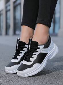 女士轻便皮革休闲运动鞋，系带低帮运动鞋，适合户外活动 - 黑與白 - 查看 2
