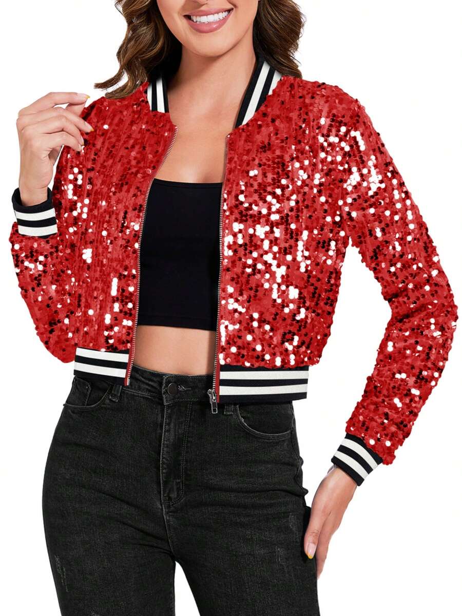 Women's Sparkly Sequin Cropped Jacket Long Sleeve Zipper Up Party Club Bomber Jacket - 紅色 - 查看 1