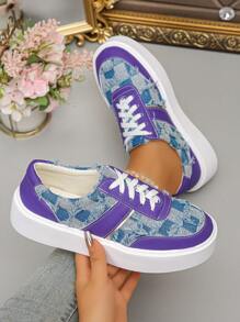 Women's Plaid Pattern Thick Sole Lace-Up Casual Sneakers, Fashion Low-Top Blue & Purple Sports Shoes For Daily Wear, Autumn New Style Student Shoes - Blue and Purple - View 5
