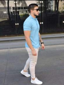 Men's Slim Fit Short Sleeve Priest Collar Dress Shirt - 淺藍色 - 查看 2