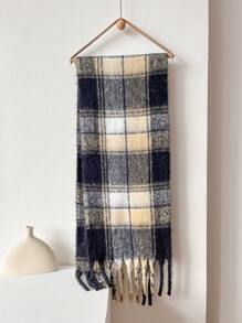 1 chiếc khăn choàng bằng vải lông dê tua rua thời trang tối giản họa tiết kẻ caro ấm áp đa năng dành cho nữ, thích hợp làm áo khoác ngoài mùa thu đông, phụ kiện hàng ngày - màu đen - Xem 3