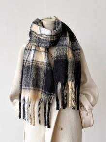 1 chiếc khăn choàng bằng vải lông dê tua rua thời trang tối giản họa tiết kẻ caro ấm áp đa năng dành cho nữ, thích hợp làm áo khoác ngoài mùa thu đông, phụ kiện hàng ngày - màu đen - Xem 2