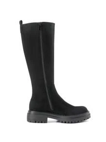 Women's Round-Toe Knee-High Boots Pull On  Flat Solid Color Comfortable Fashionable Boots - BLACK-SUEDE - View 7