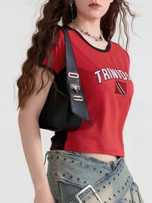 Y2k Baby Tees Women Raglan Short Sleeve Graphic Printed Tees Crop Tops Contrast Color Slim Fit T Shirts Teen Girls Summer Vintage Aesthetic Clothes Streetwear - 紅色 - 查看 7