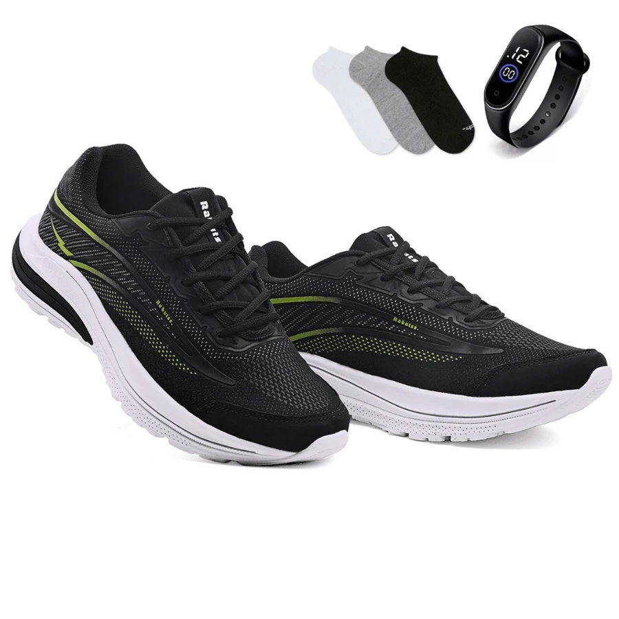 Men's Casual Skater Sneakers Comfortable Lace-Up Low Top Shoes + Socks + Watch - màu đen - Xem 1
